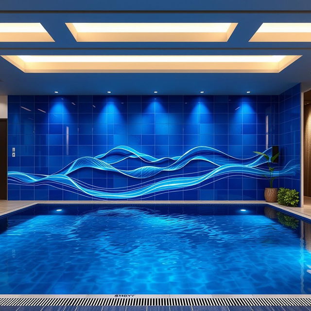 A stunning design for a 7 meter by 14 meter wall in an indoor pool area, featuring a vibrant blue color scheme