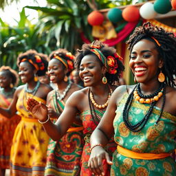 A vibrant scene showcasing Congolese women in traditional attire, dancing joyfully at a cultural celebration