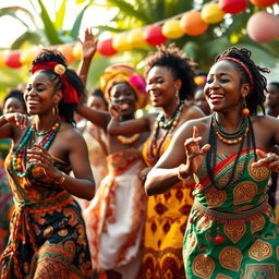 A vibrant scene showcasing Congolese women in traditional attire, dancing joyfully at a cultural celebration