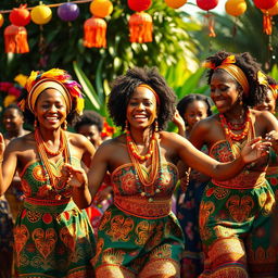 A vibrant scene showcasing Congolese women in traditional attire, dancing joyfully at a cultural celebration