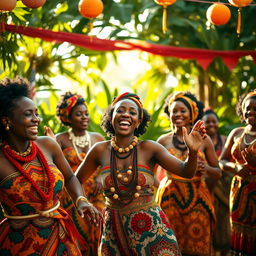 A vibrant scene showcasing Congolese women in traditional attire, dancing joyfully at a cultural celebration
