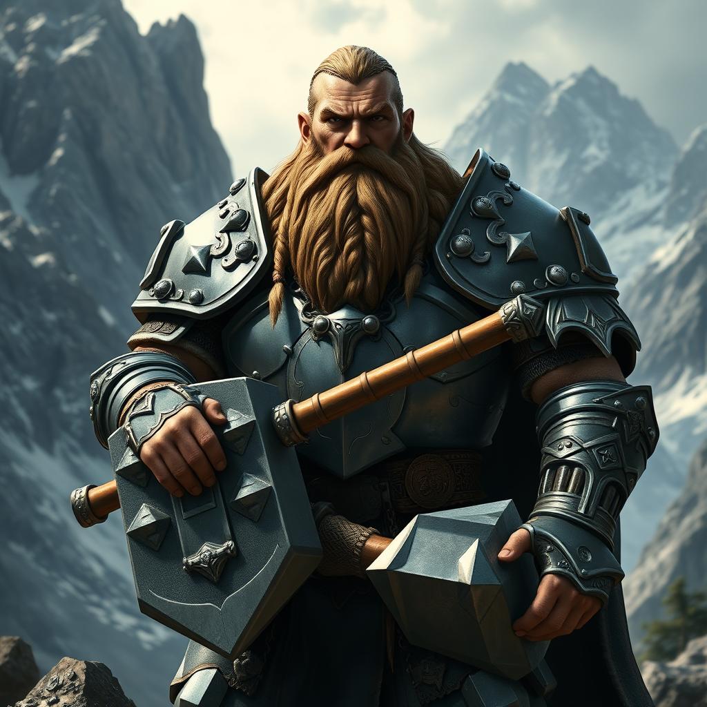 A formidable dwarven paladin standing proudly in polished plate armor, detailed with intricate designs and symbols of valor