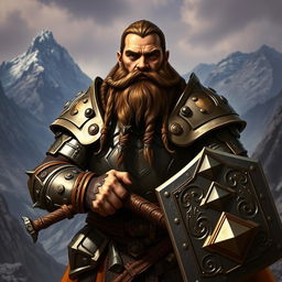A formidable dwarven paladin standing proudly in polished plate armor, detailed with intricate designs and symbols of valor