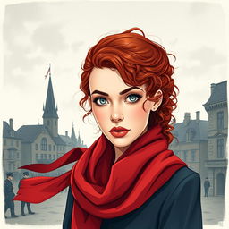 A captivating rectangular book cover for a historical fiction novel, featuring a modern woman with expressive gray blue eyes, pale skin, and long, curly red hair