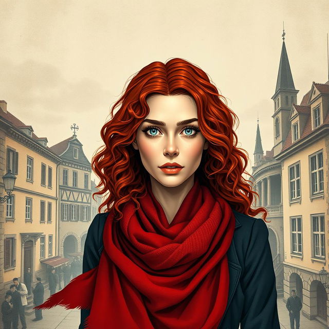 A captivating rectangular book cover for a historical fiction novel, featuring a modern woman with expressive gray blue eyes, pale skin, and long, curly red hair