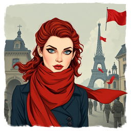 A captivating rectangular book cover for a historical fiction novel, featuring a modern woman with expressive gray blue eyes, pale skin, and long, curly red hair