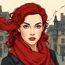 A captivating rectangular book cover for a historical fiction novel, featuring a modern woman with expressive gray blue eyes, pale skin, and long, curly red hair