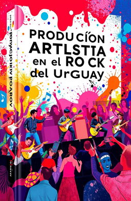 A visually captivating book cover design for 'Producción Artística en el Rock del Uruguay', featuring vibrant illustrations of iconic Uruguayan rock musicians performing on stage amidst a colorful, energetic crowd
