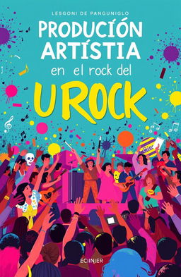 A visually captivating book cover design for 'Producción Artística en el Rock del Uruguay', featuring vibrant illustrations of iconic Uruguayan rock musicians performing on stage amidst a colorful, energetic crowd