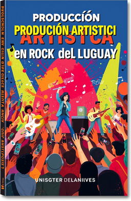 A visually captivating book cover design for 'Producción Artística en el Rock del Uruguay', featuring vibrant illustrations of iconic Uruguayan rock musicians performing on stage amidst a colorful, energetic crowd