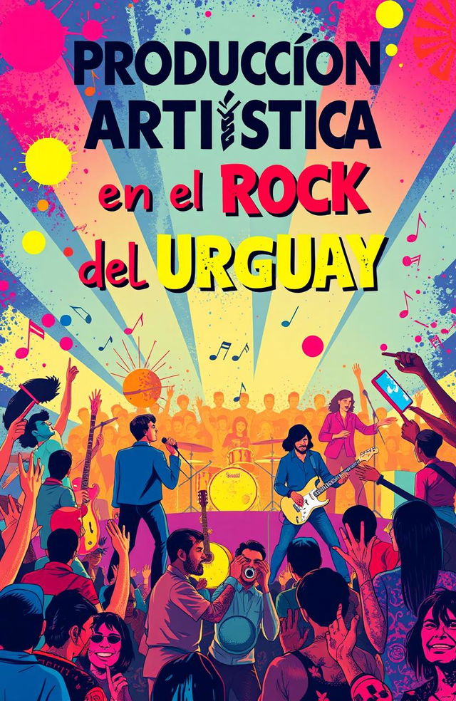 A visually captivating book cover design for 'Producción Artística en el Rock del Uruguay', featuring vibrant illustrations of iconic Uruguayan rock musicians performing on stage amidst a colorful, energetic crowd