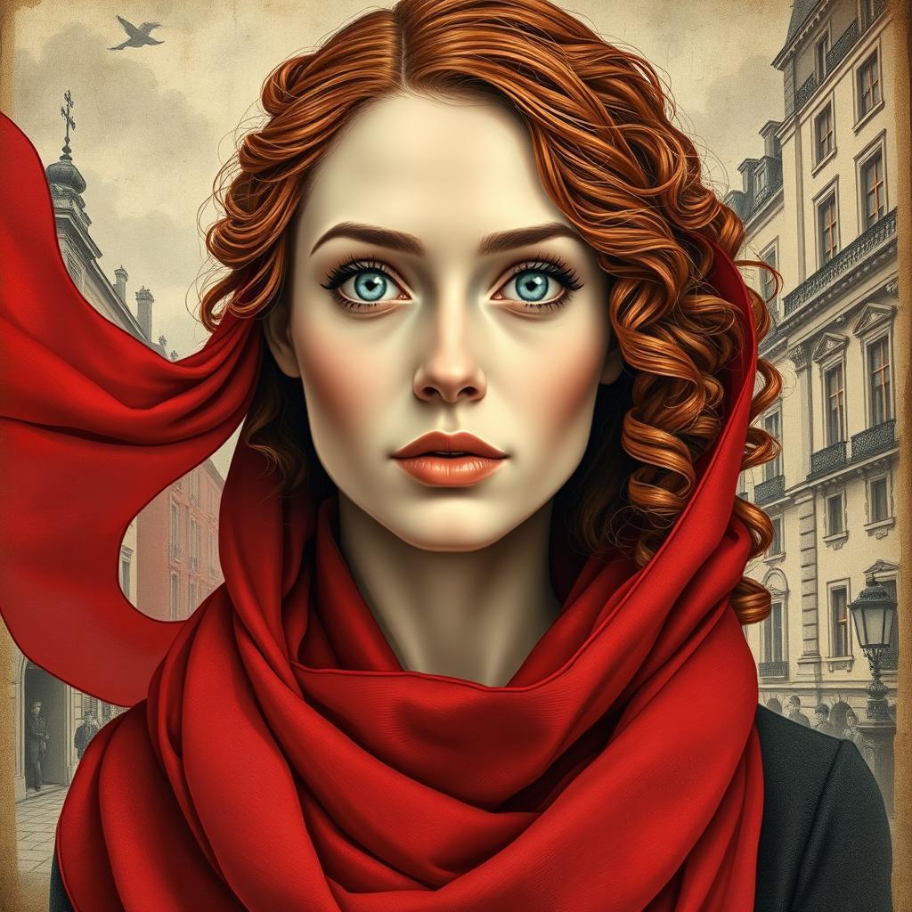 An eye-catching rectangular book cover for a historical fiction novel, showcasing a zoomed-out view of a modern woman with striking gray blue eyes, pale skin, and long curly red hair