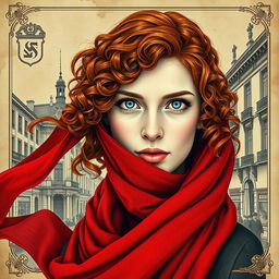 An eye-catching rectangular book cover for a historical fiction novel, showcasing a zoomed-out view of a modern woman with striking gray blue eyes, pale skin, and long curly red hair