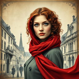 An eye-catching rectangular book cover for a historical fiction novel, showcasing a zoomed-out view of a modern woman with striking gray blue eyes, pale skin, and long curly red hair