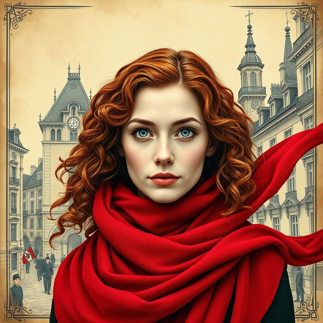 An eye-catching rectangular book cover for a historical fiction novel, showcasing a zoomed-out view of a modern woman with striking gray blue eyes, pale skin, and long curly red hair