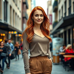 A realistic and beautiful woman, approximately 35-40 years old, of European descent, featuring long red hair and charming freckles