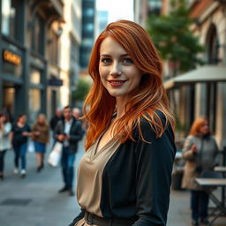 A realistic and beautiful woman, approximately 35-40 years old, of European descent, featuring long red hair and charming freckles