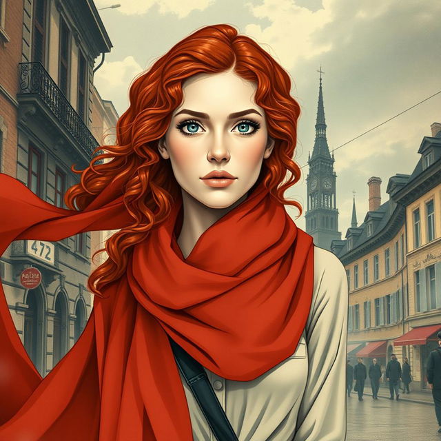 An engaging book cover for a historical fiction novel, showcasing a modern woman in full body, characterized by her captivating gray blue eyes, pale skin, and long, curly red hair