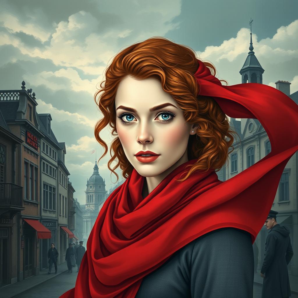 An engaging book cover for a historical fiction novel, showcasing a modern woman in full body, characterized by her captivating gray blue eyes, pale skin, and long, curly red hair