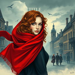 An engaging book cover for a historical fiction novel, showcasing a modern woman in full body, characterized by her captivating gray blue eyes, pale skin, and long, curly red hair