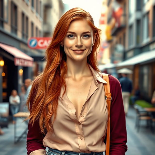 A realistic and beautiful woman, around 35-40 years old, of European descent, with long flowing red hair and charming freckles