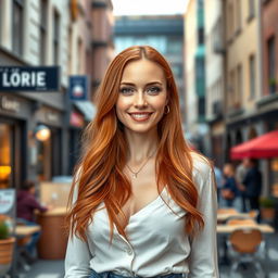 A realistic and beautiful woman, around 35-40 years old, of European descent, with long flowing red hair and charming freckles