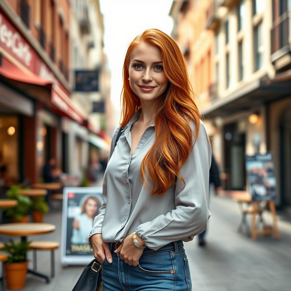 A realistic and beautiful woman, around 35-40 years old, of European descent, with long flowing red hair and charming freckles