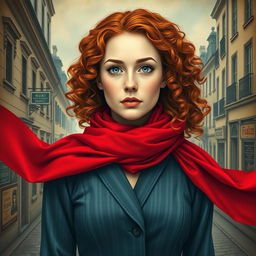An evocative book cover for a historical fiction novel, showcasing the full-body portrait of a modern woman characterized by her striking gray blue eyes, pale skin, and long, curly red hair