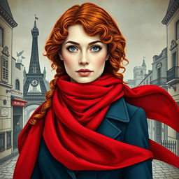 An evocative book cover for a historical fiction novel, showcasing the full-body portrait of a modern woman characterized by her striking gray blue eyes, pale skin, and long, curly red hair