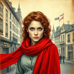 An evocative book cover for a historical fiction novel, showcasing the full-body portrait of a modern woman characterized by her striking gray blue eyes, pale skin, and long, curly red hair