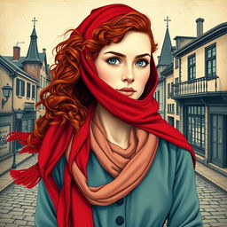 An evocative book cover for a historical fiction novel, showcasing the full-body portrait of a modern woman characterized by her striking gray blue eyes, pale skin, and long, curly red hair