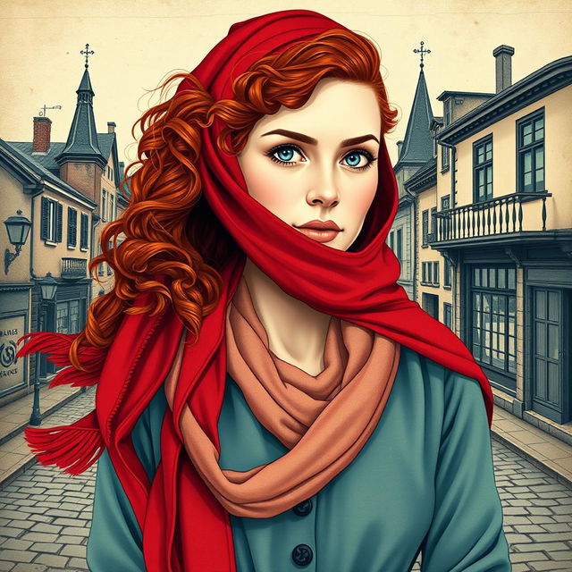 An evocative book cover for a historical fiction novel, showcasing the full-body portrait of a modern woman characterized by her striking gray blue eyes, pale skin, and long, curly red hair