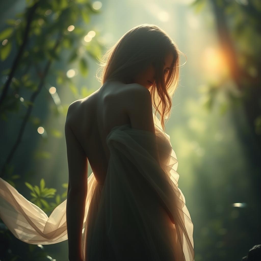 A captivating artwork showcasing a mysterious and elegant figure in a natural setting, embodying beauty and grace