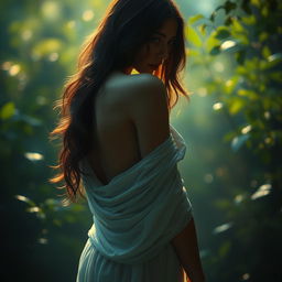 A captivating artwork showcasing a mysterious and elegant figure in a natural setting, embodying beauty and grace