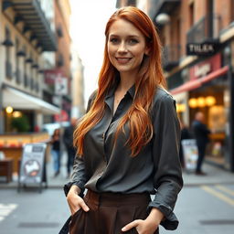 A realistic woman around 40 years old, of European descent, featuring long red hair and a stunning array of freckles