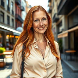 A realistic woman around 40 years old, of European descent, featuring long red hair and a stunning array of freckles