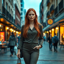 A realistic woman around 35-40 years old, of European descent, showcasing long red hair and a delightful sprinkling of freckles across her face