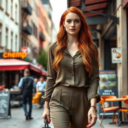 A realistic woman around 35-40 years old, of European descent, showcasing long red hair and a delightful sprinkling of freckles across her face