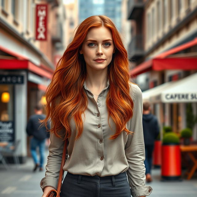 A realistic woman around 35-40 years old, of European descent, showcasing long red hair and a delightful sprinkling of freckles across her face