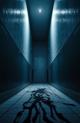 A haunting and atmospheric mental asylum corridor, featuring a narrow passageway with a bluish color scheme dominating the walls