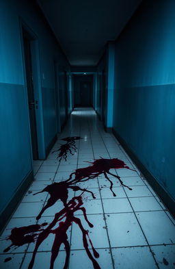 A haunting and atmospheric mental asylum corridor, featuring a narrow passageway with a bluish color scheme dominating the walls