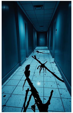 A haunting and atmospheric mental asylum corridor, featuring a narrow passageway with a bluish color scheme dominating the walls