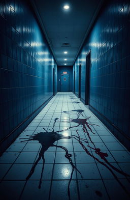 A haunting and atmospheric mental asylum corridor, featuring a narrow passageway with a bluish color scheme dominating the walls