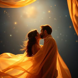 An intimate and romantic scene between a couple, depicted in a soft, sensual atmosphere