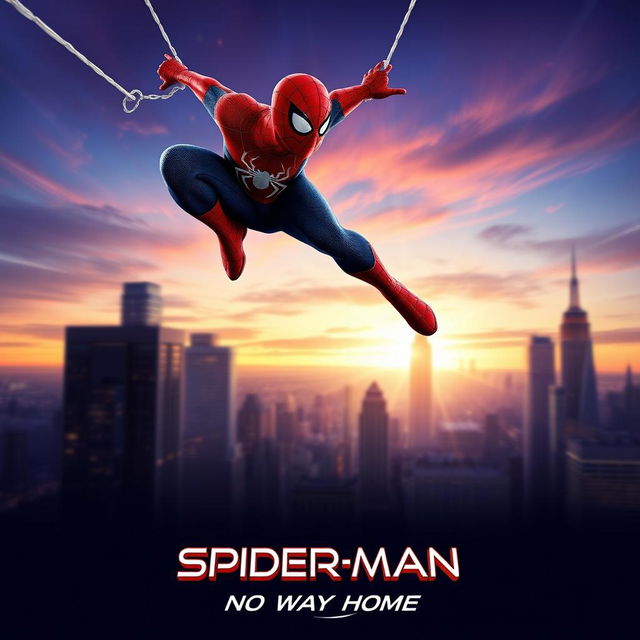 A vibrant and dynamic movie poster for 'Spider-Man: No Way Home', featuring Spider-Man in his classic red and blue costume, swinging through a city skyline at dusk