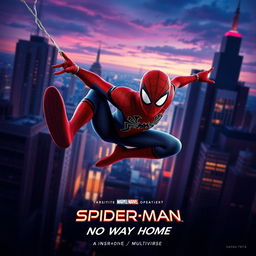 A vibrant and dynamic movie poster for 'Spider-Man: No Way Home', featuring Spider-Man in his classic red and blue costume, swinging through a city skyline at dusk