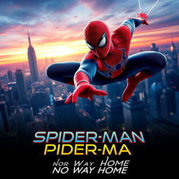 A vibrant and dynamic movie poster for 'Spider-Man: No Way Home', featuring Spider-Man in his classic red and blue costume, swinging through a city skyline at dusk