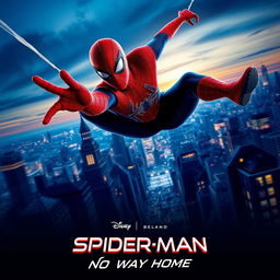 A vibrant and dynamic movie poster for 'Spider-Man: No Way Home', featuring Spider-Man in his classic red and blue costume, swinging through a city skyline at dusk