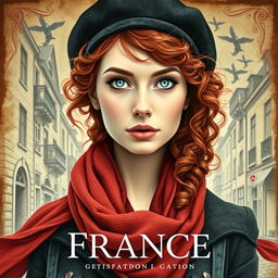 A captivating book cover for a historical fiction novel, featuring a full-body portrait of a modern woman characterized by her striking gray blue eyes, pale skin, and long curly red hair