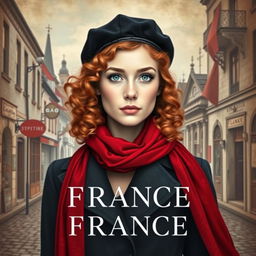 A captivating book cover for a historical fiction novel, featuring a full-body portrait of a modern woman characterized by her striking gray blue eyes, pale skin, and long curly red hair